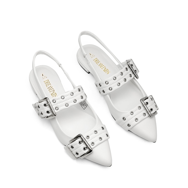 Buckle Straps Slingback Flats - WHITE - 5